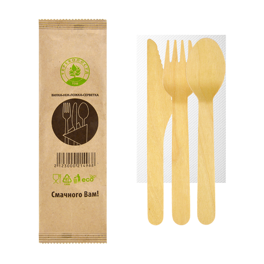 Одноразовий набір дерев'яний (виделка, ложка, ніж, серветка) 25шт